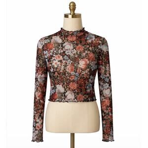 Sheer Floral Mesh Long Sleeve Top Mock Neck Lettuce Hem Dark Fairy Coquette M/L